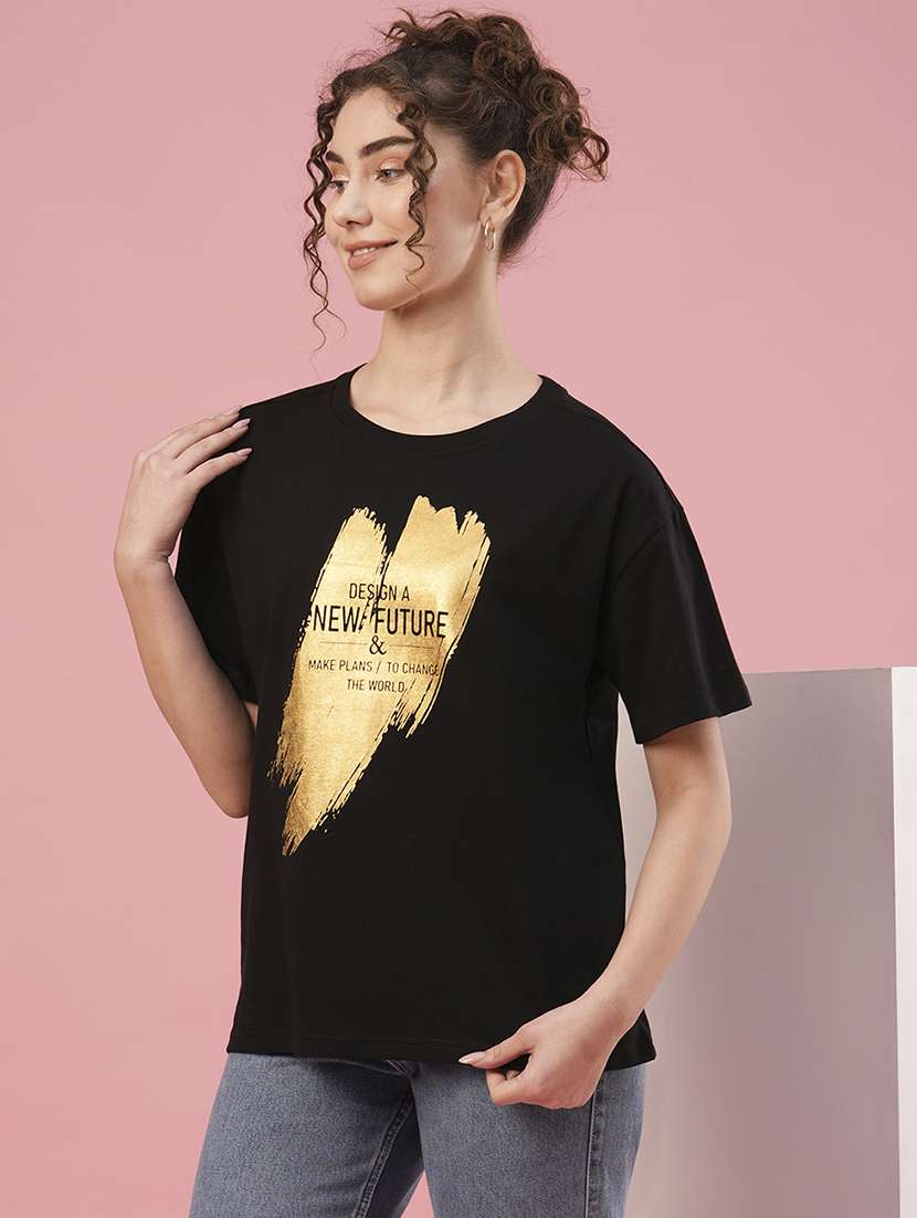 globus women black typography printed drop shoulder boxy fit t-shirt - 20958600 -  Standard Image - 1