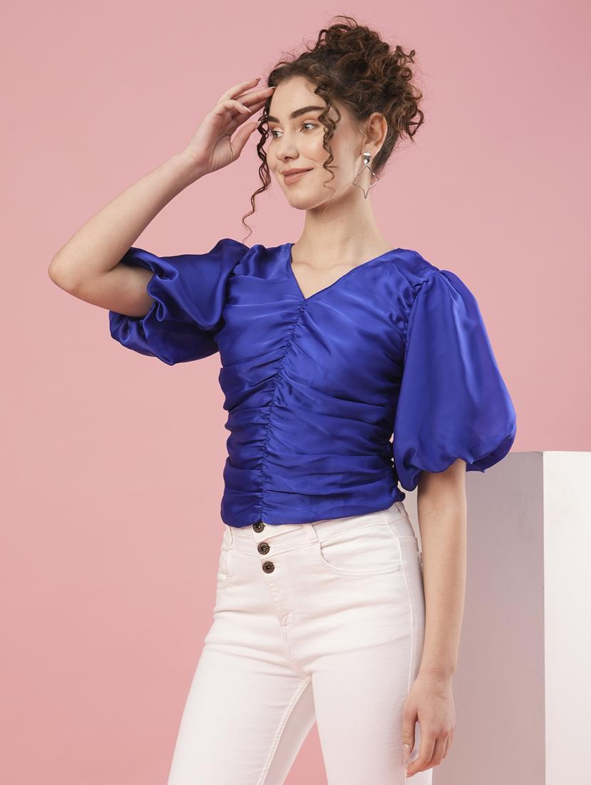 women solid puff sleeves ruched top - 20958608 - Standard Image - 1