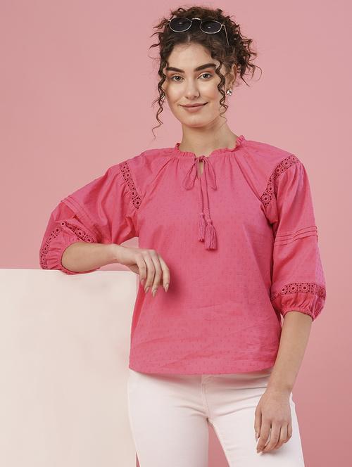 globus women pink tie-up neck raglan sleeve casual top - 20958612 - Standard Image - 0