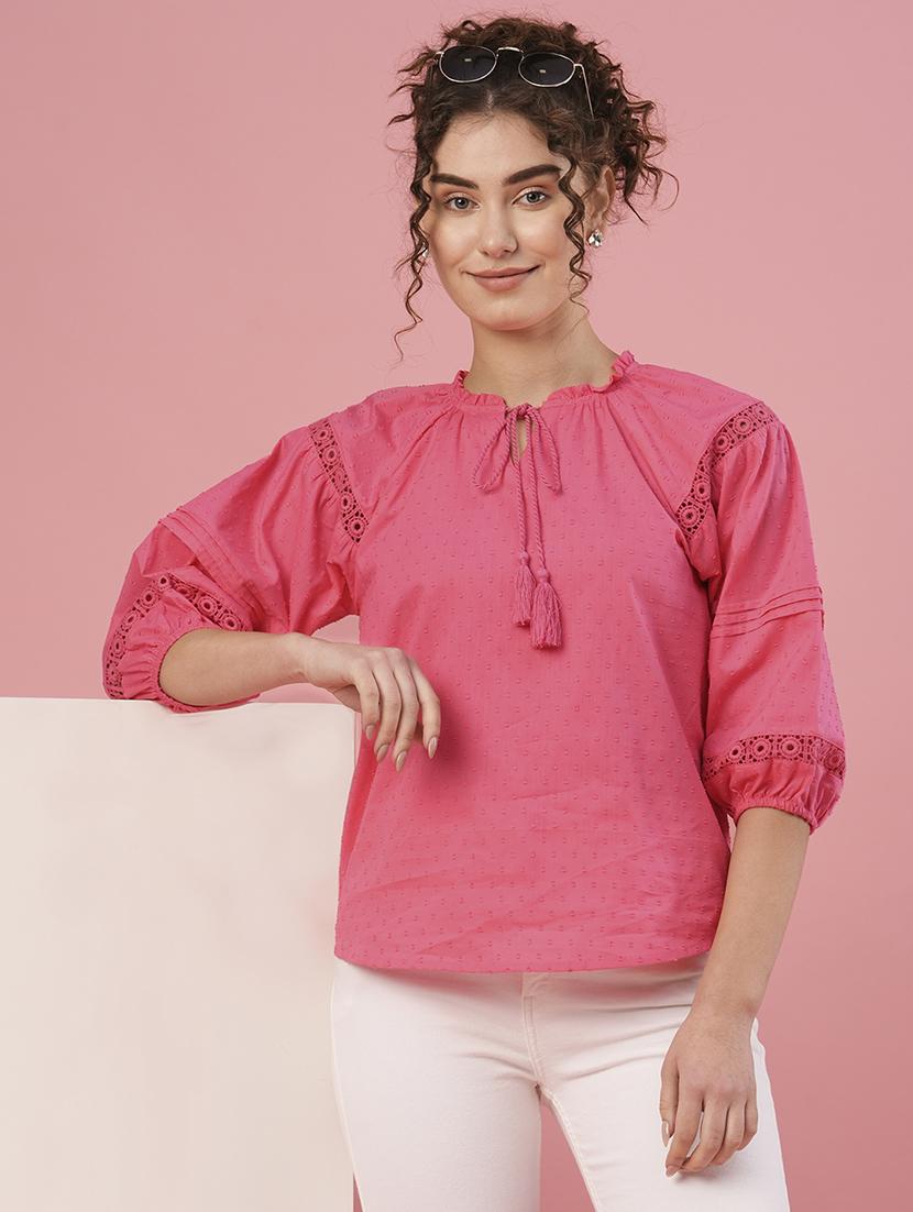 globus women pink tie-up neck raglan sleeve casual top - 20958612 - Zoom Image - 0