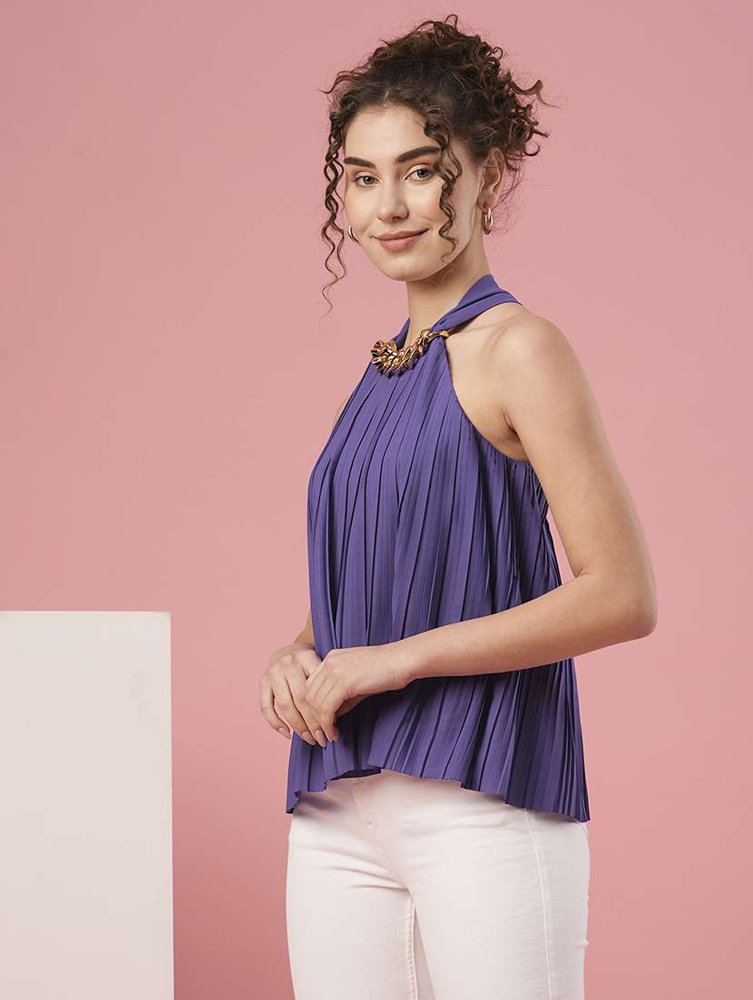 globus women purple halter neck accordion pleats a-line party top - 20958614 -  Standard Image - 1