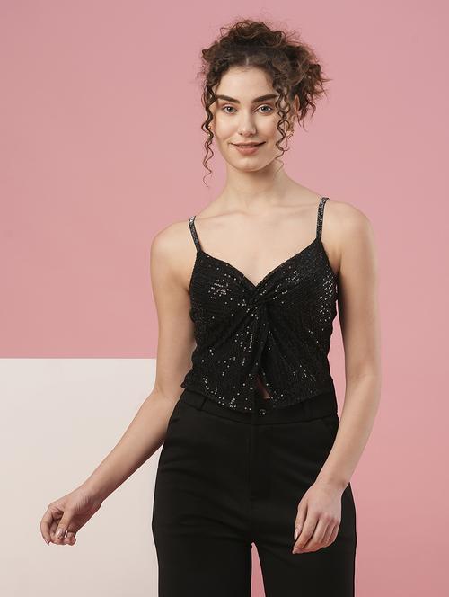globus women black strappy shoulder sweetheart neck sequinned party top - 20958625 -  Standard Image - 0