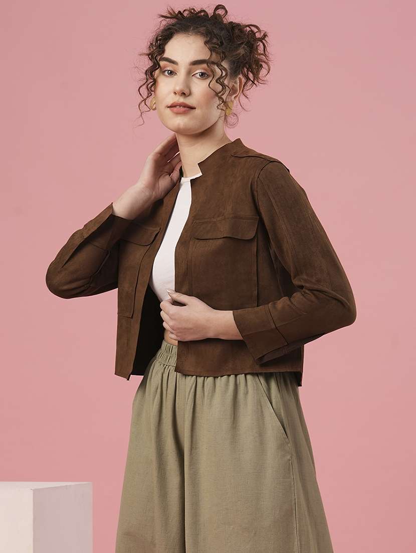 women solid brown regular jacket - 20958637 -  Standard Image - 1