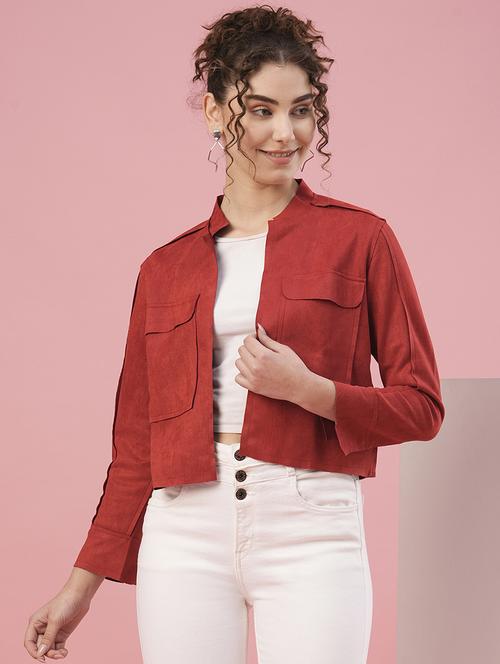 women solid red regular jacket - 20958638 -  Standard Image - 0