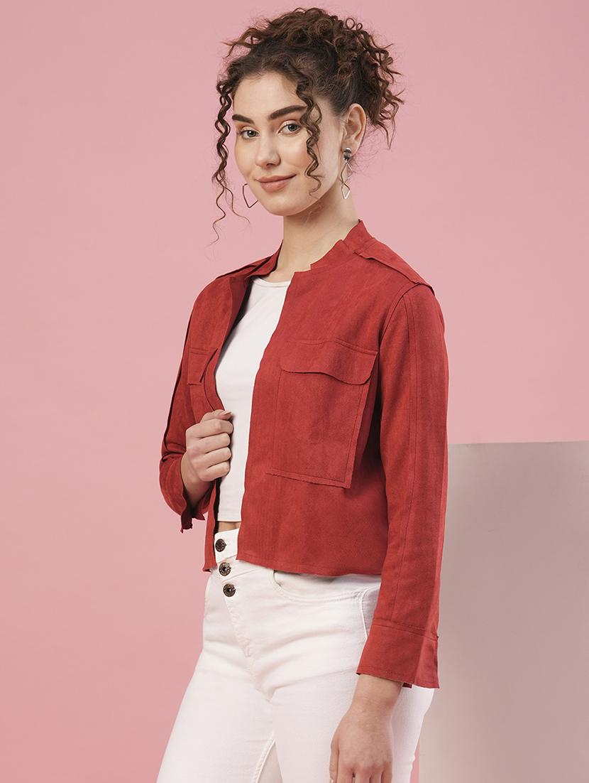 women solid red regular jacket - 20958638 -  Standard Image - 1