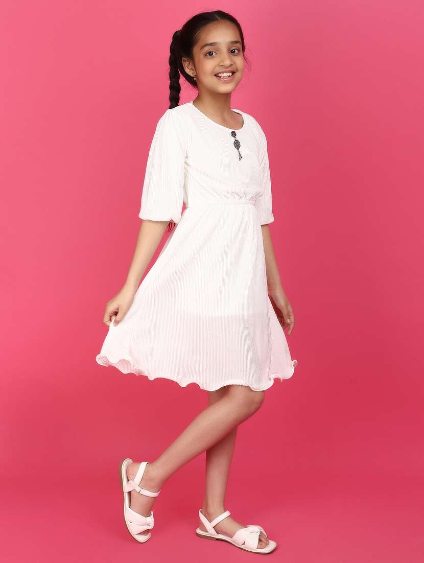 girls solid off white round neck frock - 20958722 -  Standard Image - 1