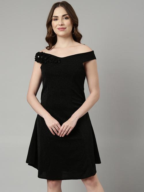 solid black detailed a-line dress - 20958820 -  Standard Image - 0