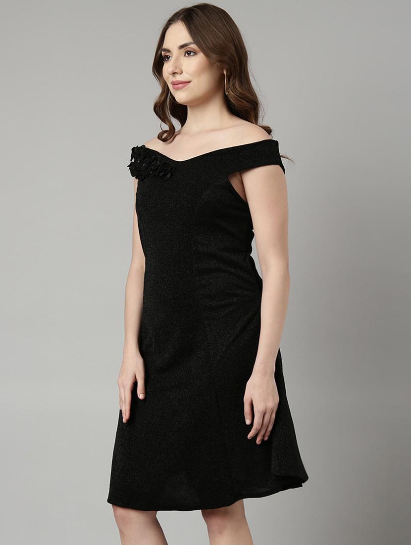 solid black detailed a-line dress - 20958820 - Standard Image - 1