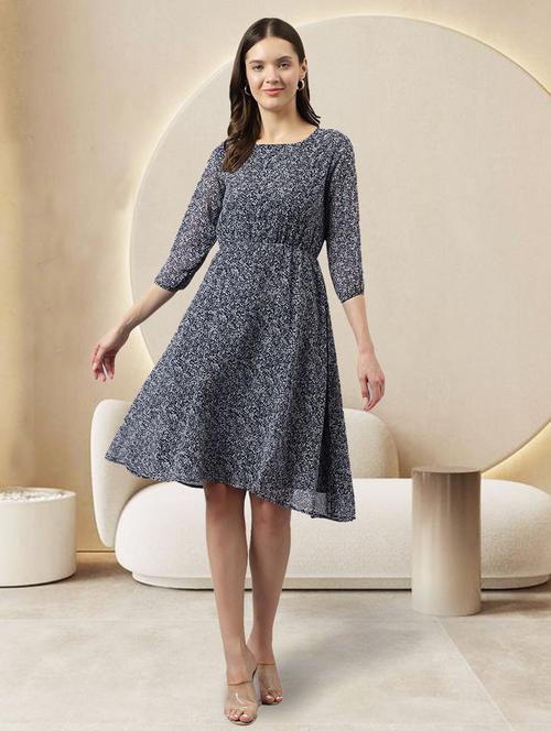 women navy blue printed fit & flare dress - 20960322 - Standard Image - 0