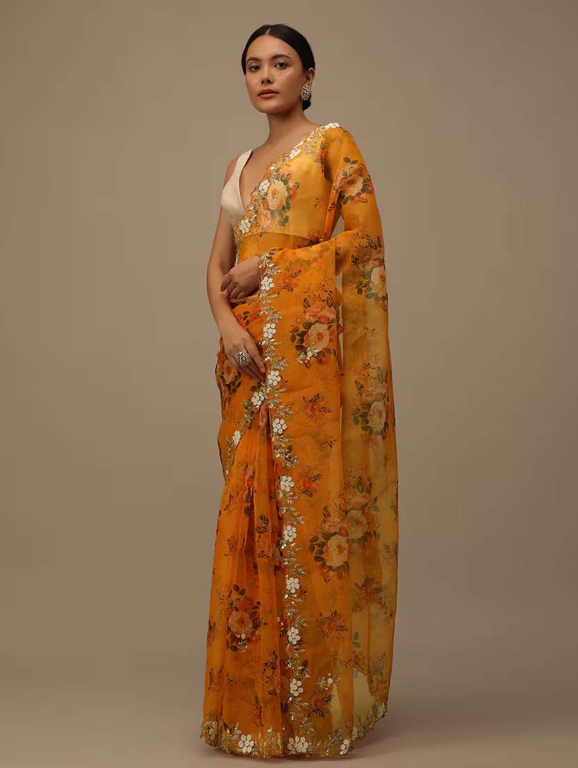 Women Yellow Floral Printed Saree