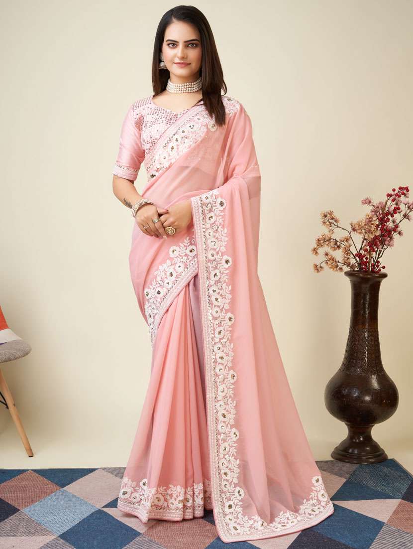 women pink embroidered bordered saree