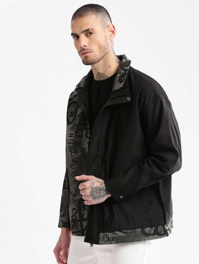 black printed detailed casual jacket - 20960550 -  Standard Image - 1