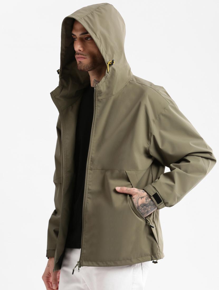 solid olive green detailed casual hooded jacket - 20960557 - Standard Image - 1