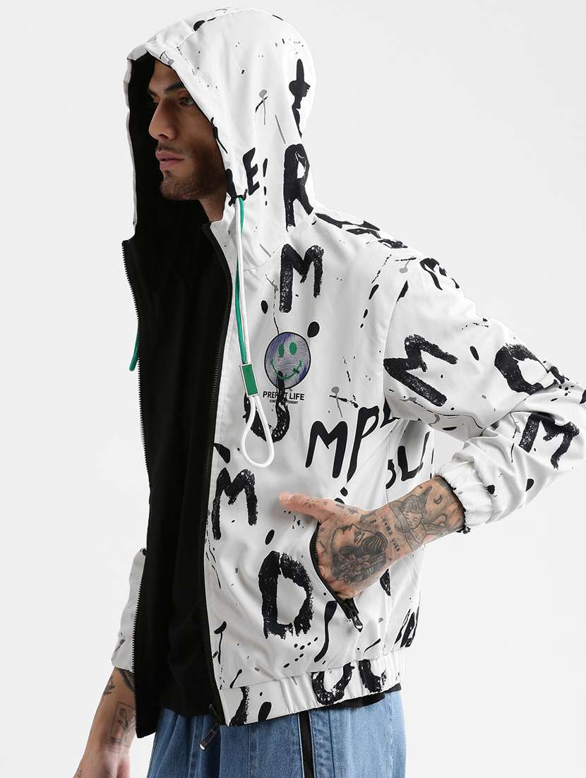 white printed detailed casual reversible hooded jacket - 20960562 -  Standard Image - 1