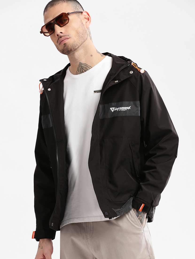 black printed detailed casual hooded jacket - 20960569 -  Standard Image - 4