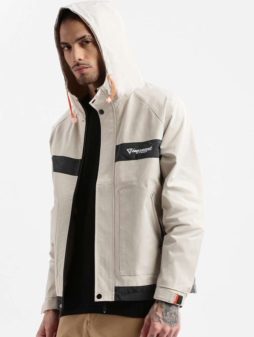 cream printed detailed casual hooded jacket - 20960571 -  Standard Image - 1
