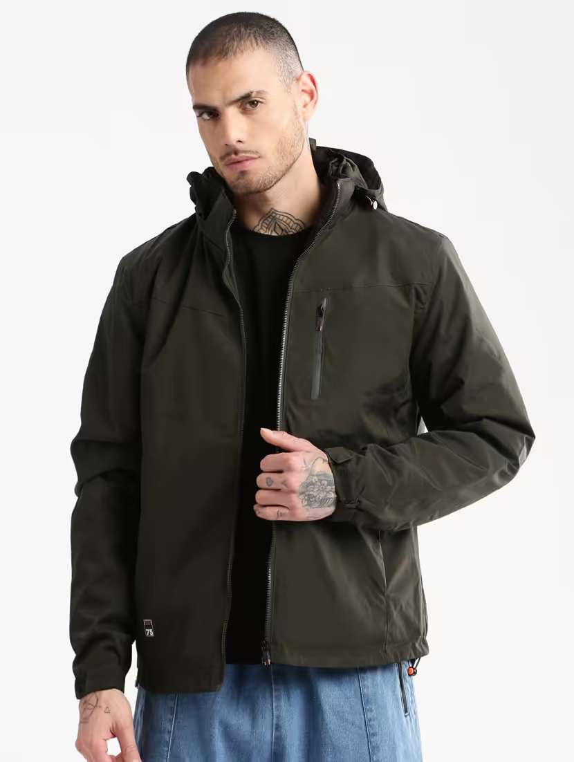 solid olive green detailed hooded casual jacket - 20960578 -  Standard Image - 1