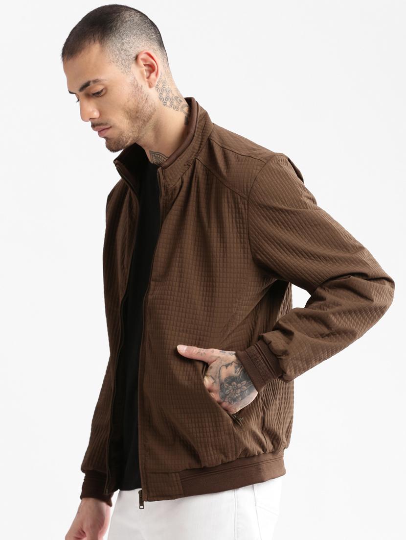 brown self design detailed casual jacket - 20960588 -  Standard Image - 1