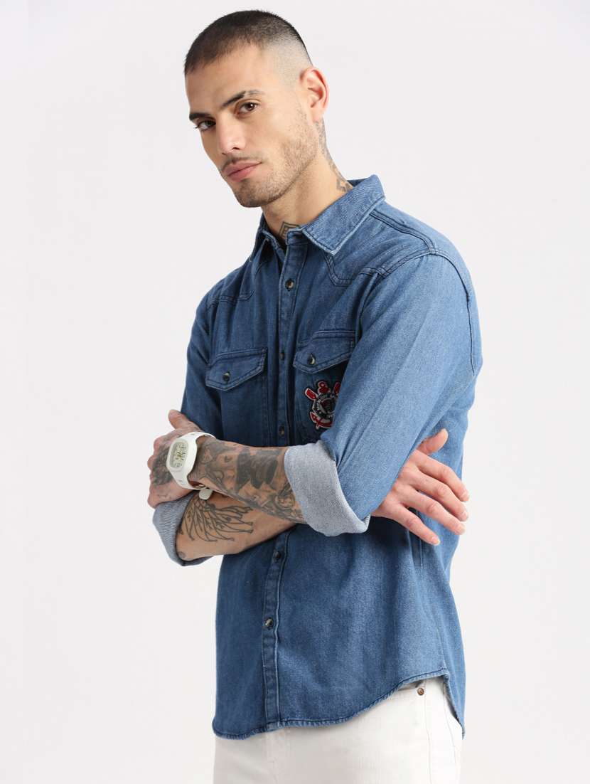 men blue denim casual shirt - 20960681 -  Standard Image - 1