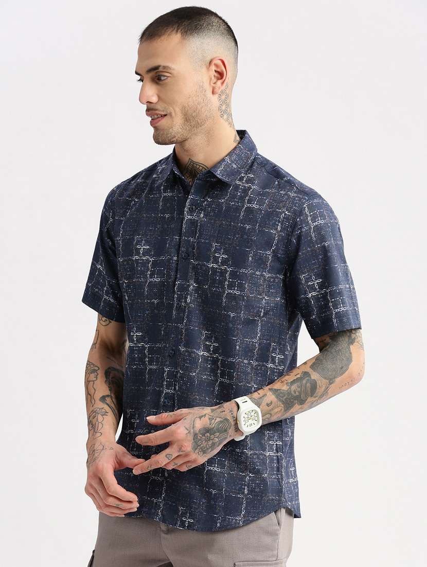 men navy blue regular fit collared printed casual shirt - 20960745 -  Standard Image - 1