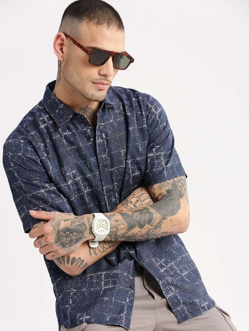 men navy blue regular fit collared printed casual shirt - 20960745 - Standard Image - 4