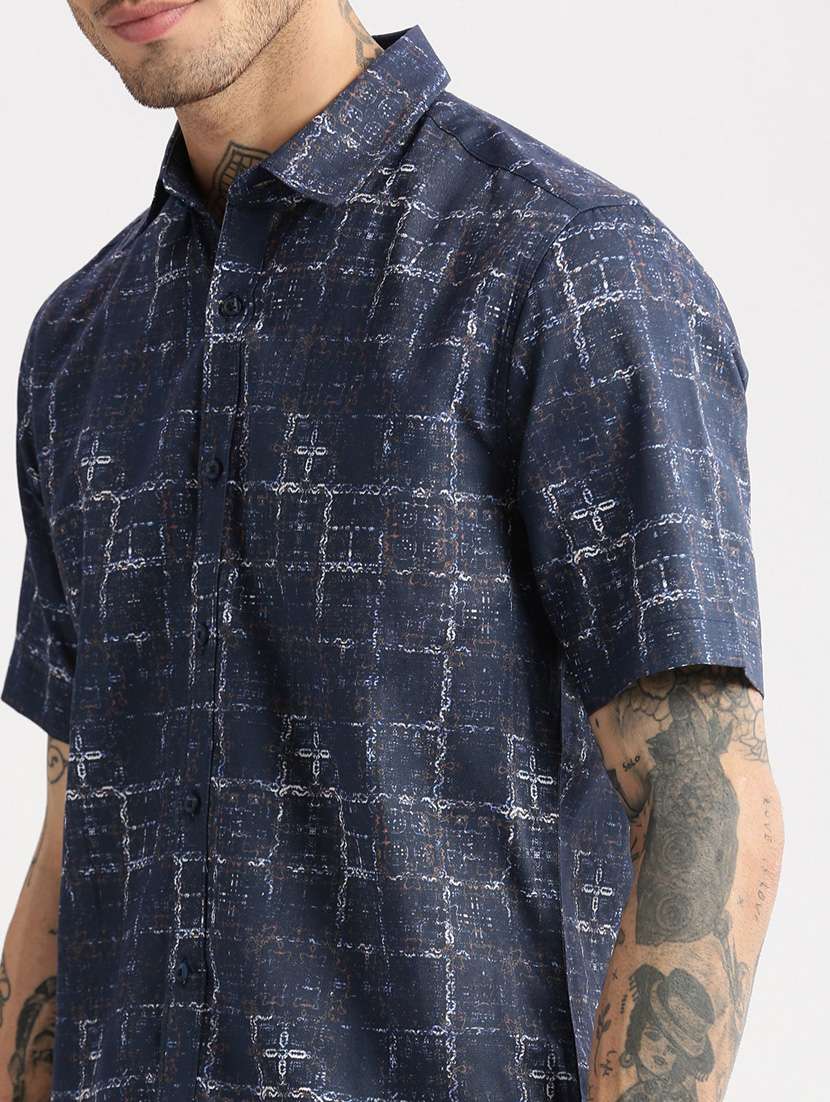 men navy blue regular fit collared printed casual shirt - 20960745 - Standard Image - 6