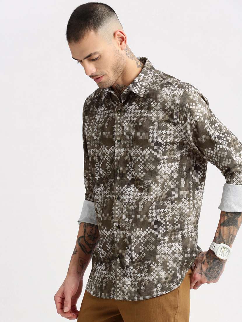 men olive geometric printed casual shirt - 20960761 -  Standard Image - 1