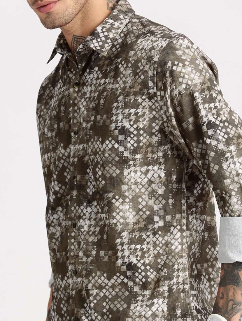 men olive geometric printed casual shirt - 20960761 -  Standard Image - 6