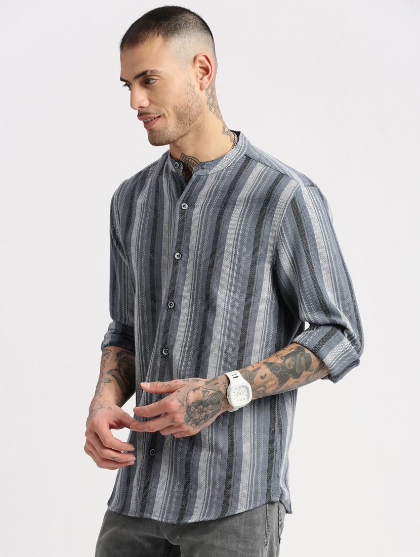 men grey stripes casual shirt - 20960776 - Standard Image - 1