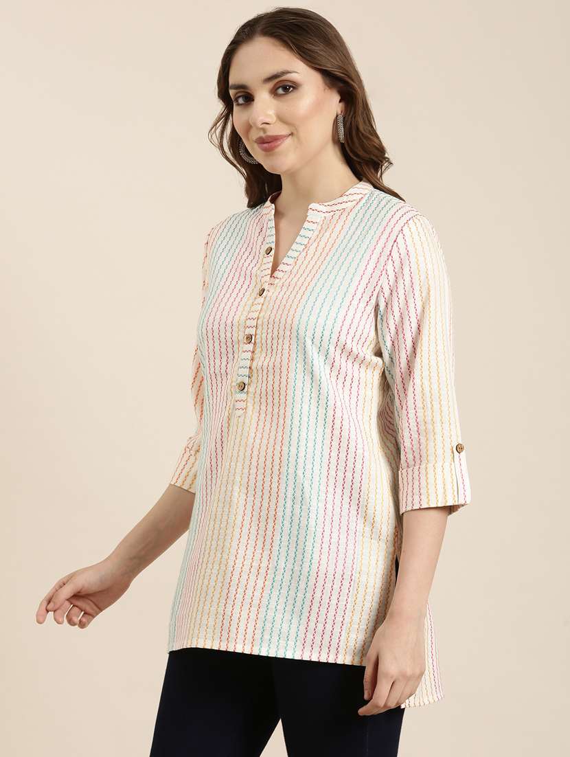 women off-white mandarin neck straight kurti - 20960866 -  Standard Image - 1