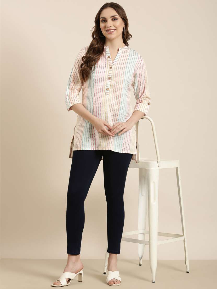 women off-white mandarin neck straight kurti - 20960866 -  Standard Image - 4