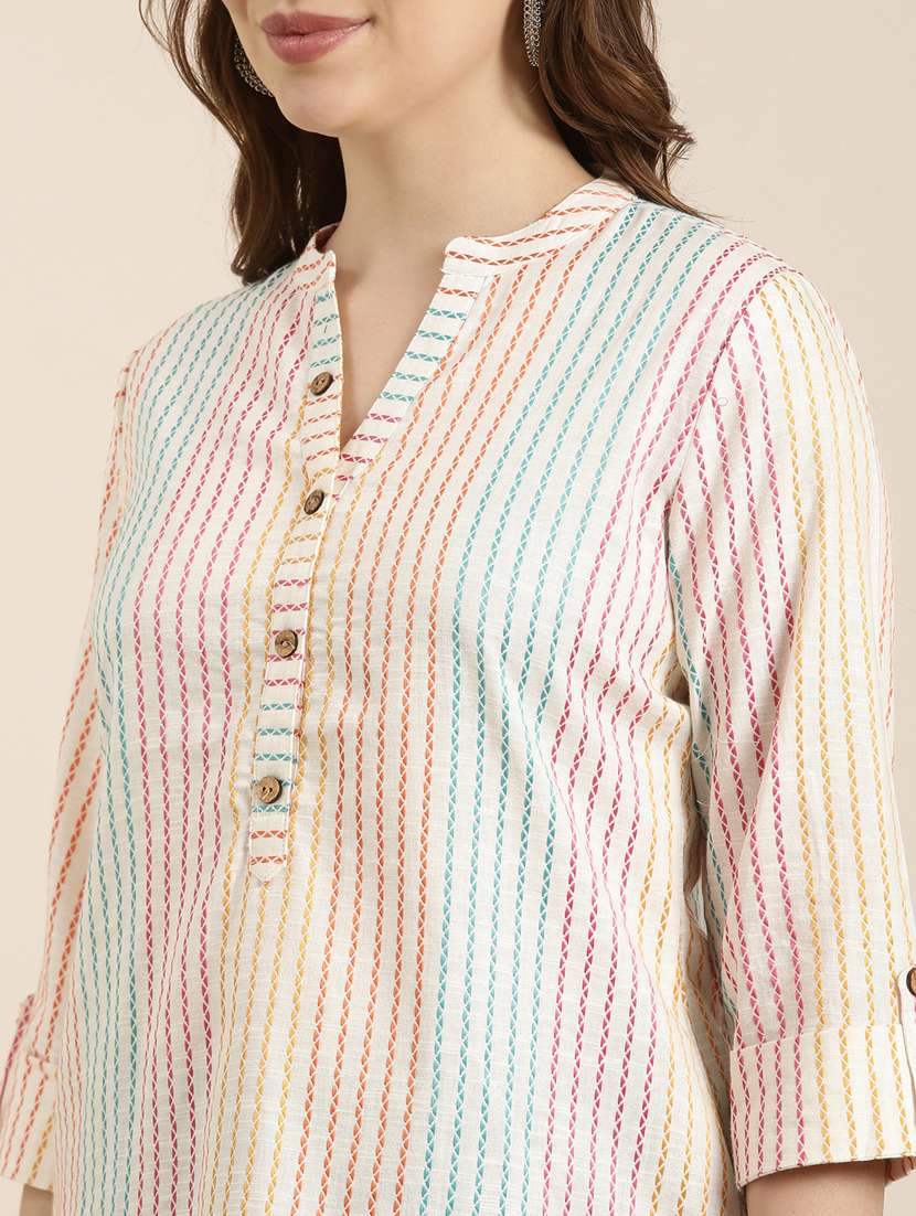 women off-white mandarin neck straight kurti - 20960866 -  Standard Image - 6