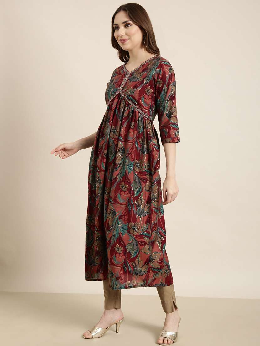 women maroon v neck a-line kurta - 20960874 -  Standard Image - 1