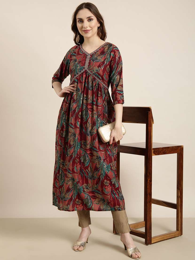 women maroon v neck a-line kurta - 20960874 - Standard Image - 4