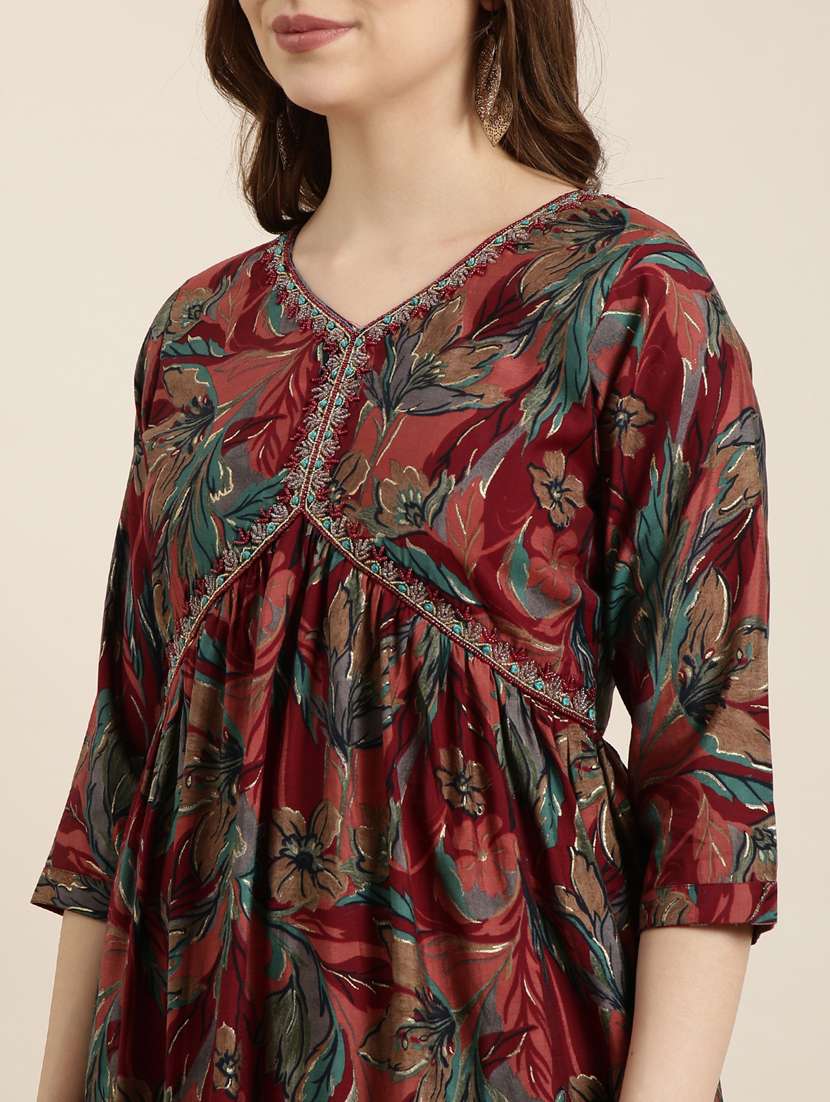 women maroon v neck a-line kurta - 20960874 - Standard Image - 6