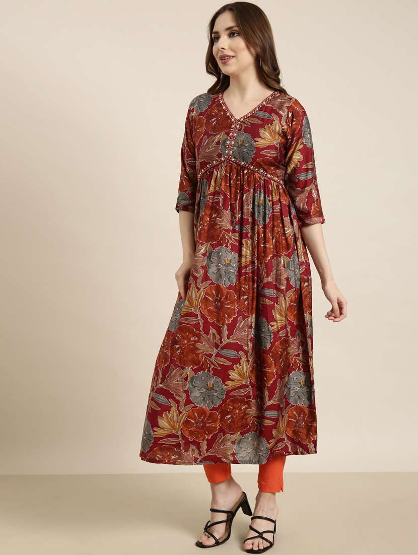 women maroon v neck flared kurta - 20960876 - Standard Image - 1