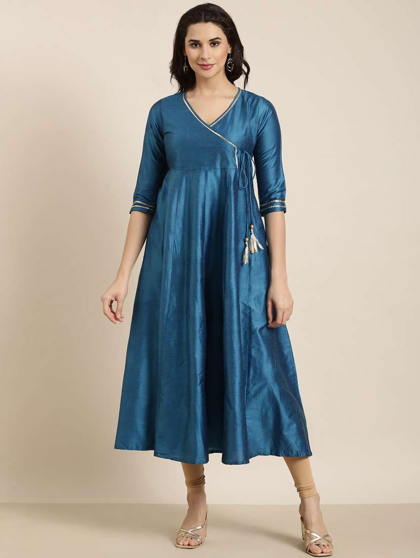 teal three quarter sleeve angrakha kurta