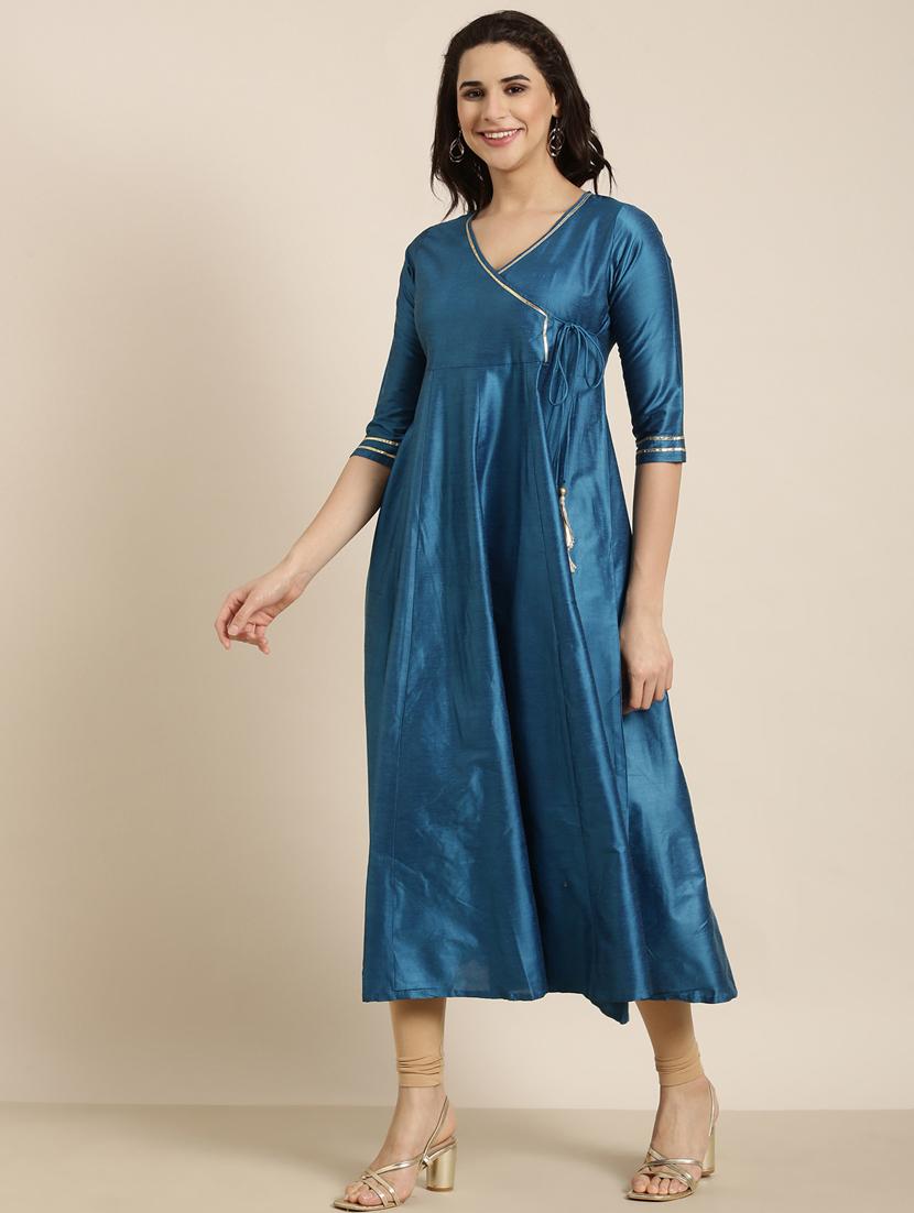 teal three quarter sleeve angrakha kurta - 20960878 - Standard Image - 1