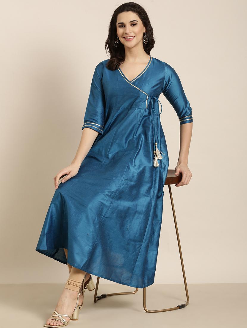 teal three quarter sleeve angrakha kurta - 20960878 - Standard Image - 4