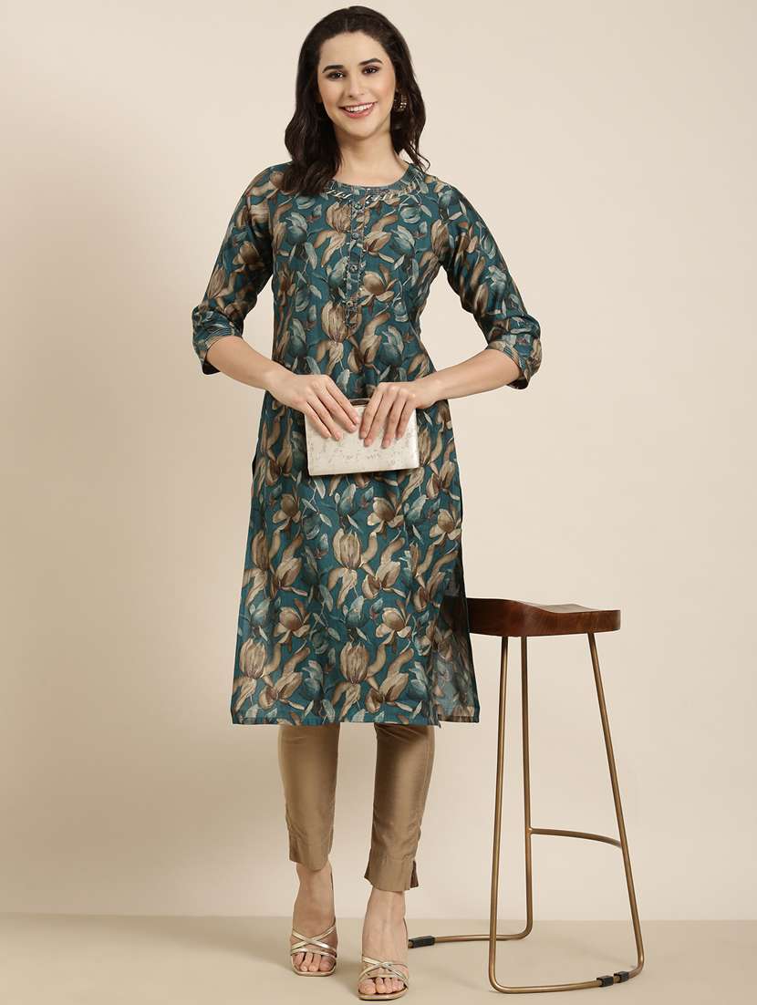 women teal round neck straight kurta - 20960890 -  Standard Image - 4