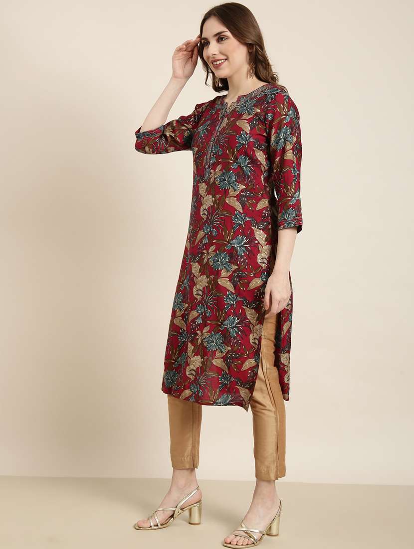 women maroon notch neck straight kurta - 20960897 -  Standard Image - 1