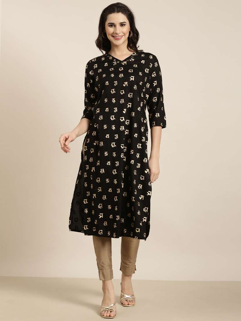 women black v neck straight kurta