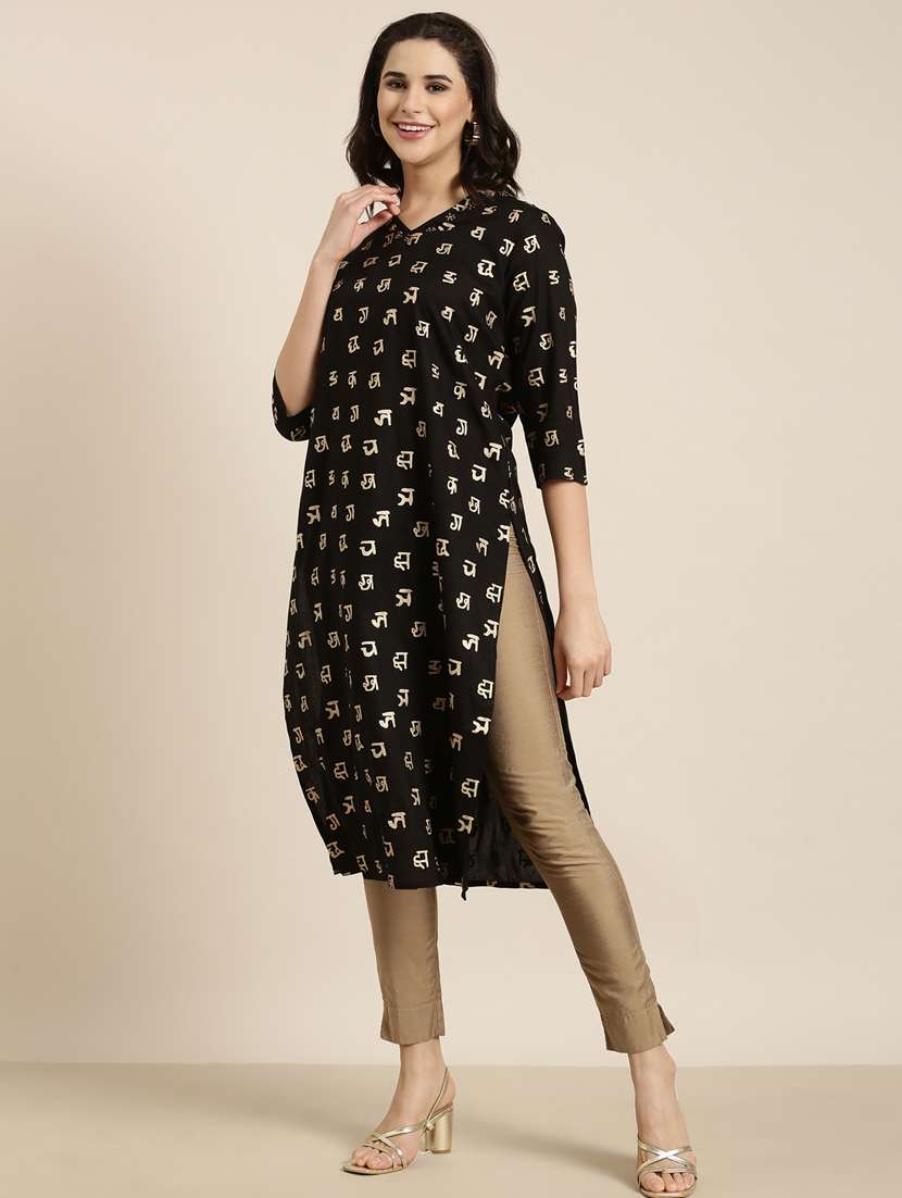 women black v neck straight kurta - 20960907 -  Standard Image - 1
