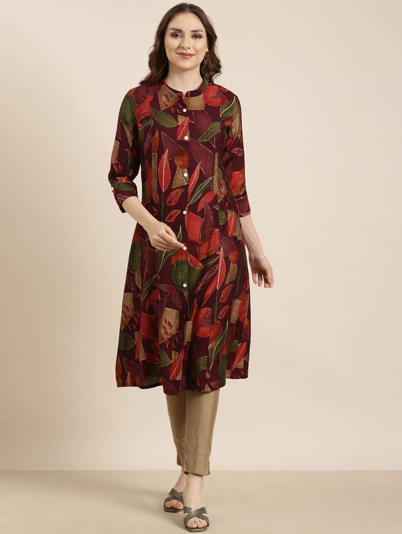 women purple mandarin neck a-line kurta