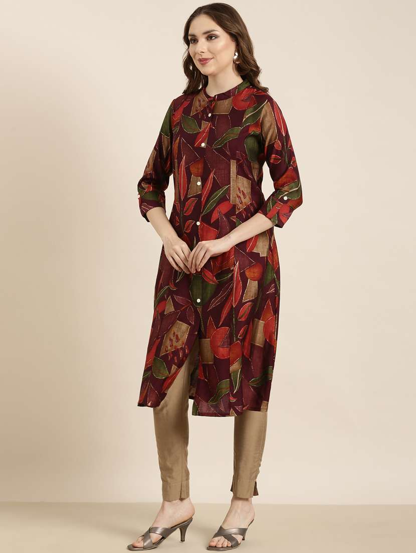 women purple mandarin neck a-line kurta - 20960920 -  Standard Image - 1