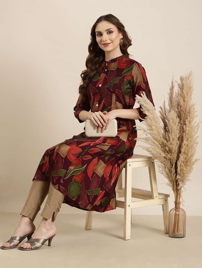 women purple mandarin neck a-line kurta - 20960920 -  Standard Image - 4