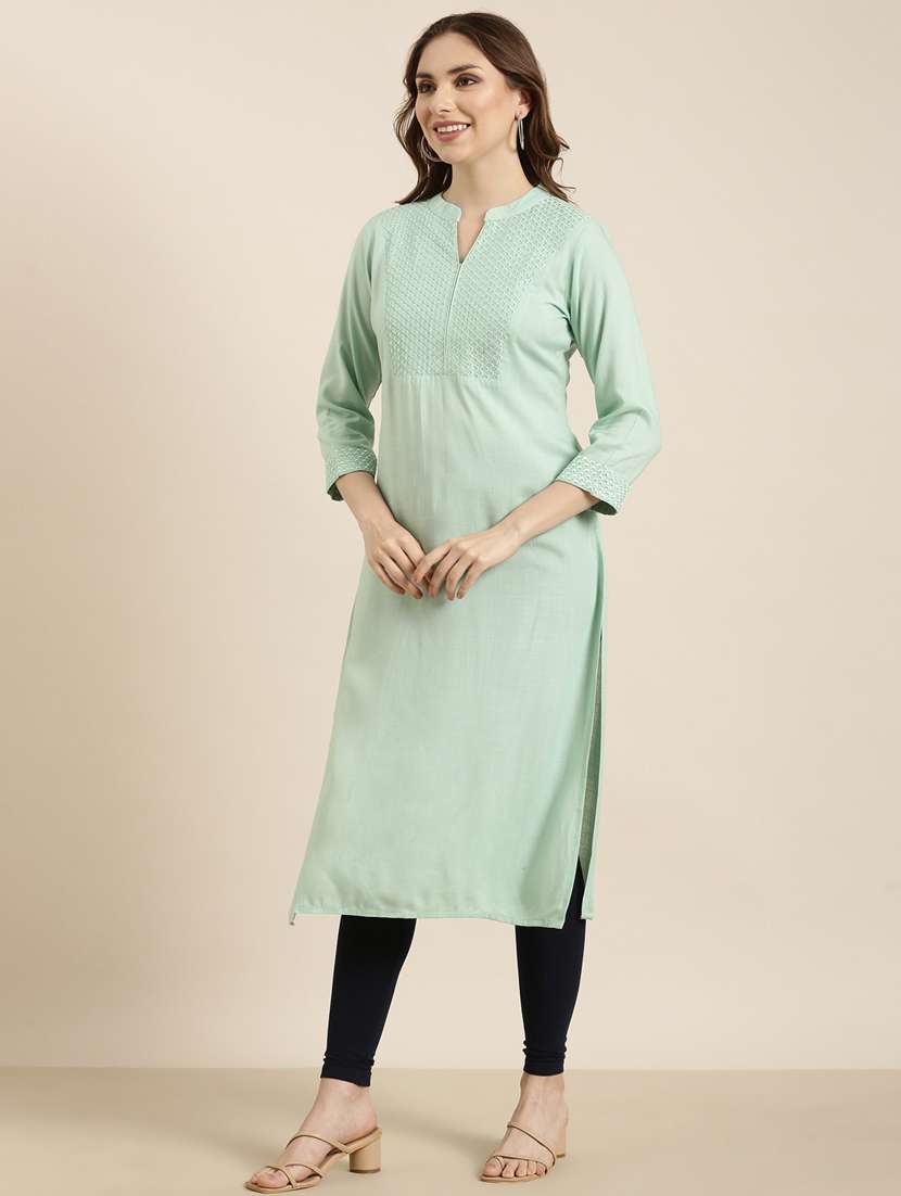 women sea green mandarin neck straight kurta - 20960923 -  Standard Image - 1