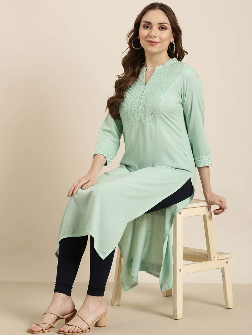 women sea green mandarin neck straight kurta - 20960923 -  Standard Image - 4