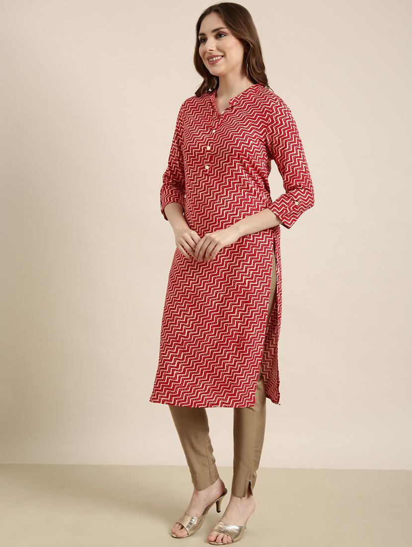 women red mandarin neck straight kurta - 20960927 -  Standard Image - 1