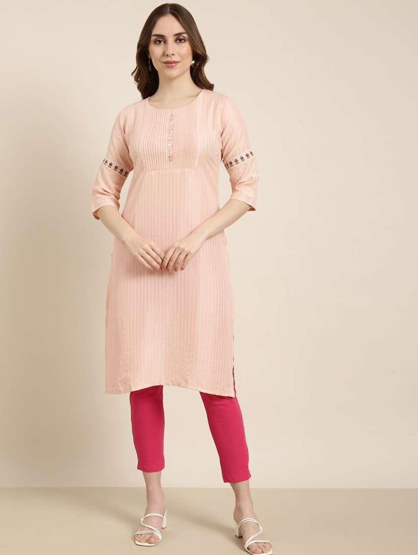 women peach round neck straight kurta